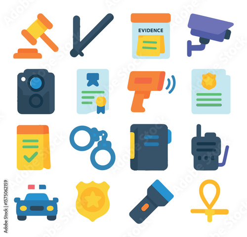 Law Enforcement Tools modern flat .Gavel, police baton, evidence bag, surveillance camera, bodycam icon, warrant icon, radar gun, police report, ticket book, handcuffs, duty