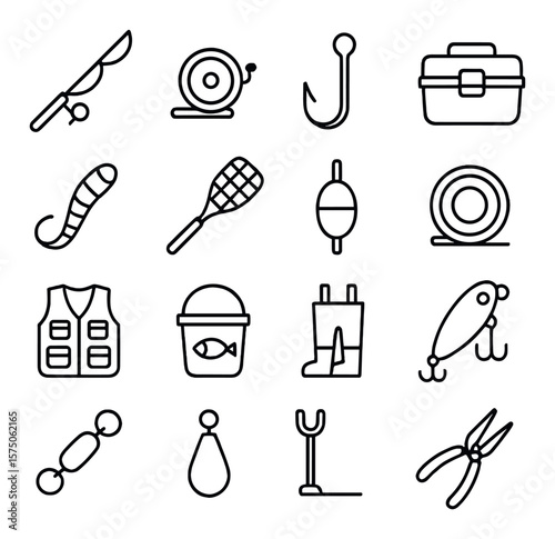 Fishing gear line art icons. fishing rod, reel, hook, tackle box, bait, fishing net, bobber, line spool, fishing vest, bait bucket, waders, lure, swivel, sinker, rod holder, pliers