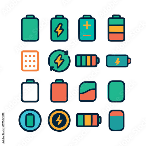 Battery Symbols & Interfaces modern flat .Battery icon, bolt inside battery, plus minus terminals, segmented battery, dotted battery icon, animated charging symbol, interface bar