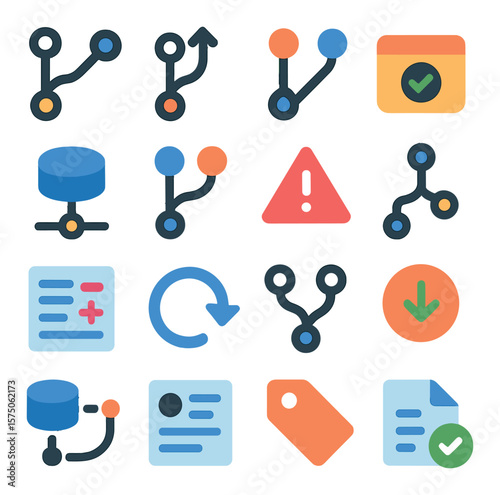 Version Control modern flat .Git branch icon, pull request, merge icon, commit box, repository symbol, fork icon, conflict alert, branch history, diff icon, revert arrow, clone