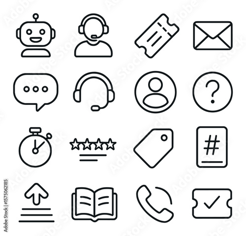 Online customer support line art icons. chatbot icon, support agent, ticket system, email response, live chat bubble, phone headset, help center, FAQ symbol, response timer,