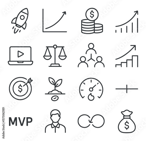 Startup growth elements line art icons. launch icon, pitch graph, investment round, revenue curve, product demo, scale chart, team structure, traction arrow, profit target, seed