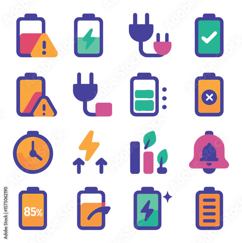 Charging Alerts & Indicators modern flat .Low battery warning, charging in progress, power plugged icon, battery full check, overcharge warning, unplug reminder, charging animation