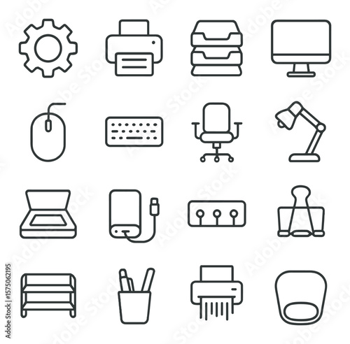 Office productivity tools line art icons. gear icon, printer, paper tray, monitor stand, mouse, keyboard, office chair, task lamp, document scanner, external drive, cable organizer