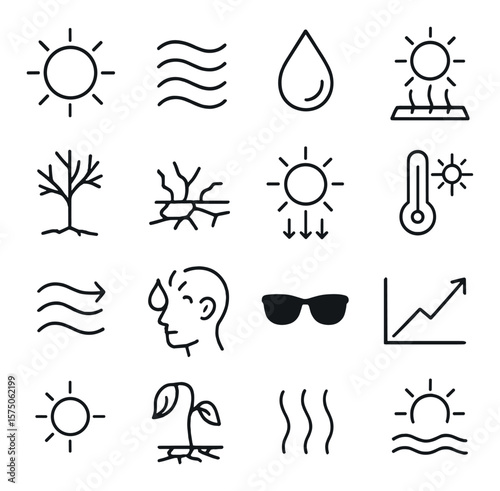 Hot weather elements line art icons. sun, heatwave, sweat drop, burning pavement, dry tree, cracked ground, UV rays, overheating icon, hot wind, sunburn, sunglasses, temperature