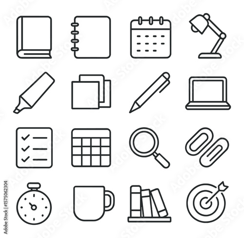 Study workflow line art icons. book, notebook, calendar, desk lamp, highlighter, sticky notes, pen, open laptop, checklist, timetable, magnifying glass, paper clips, study timer,