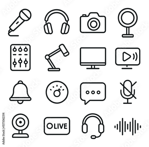 Live streaming gear line art icons. dynamic microphone, over-ear headphones, camera icon, ring light, streaming console, mic arm, monitor screen, stream icon, subscriber bell,