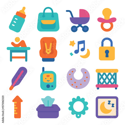 Parenting Essentials modern flat .Baby bottle, diaper bag, stroller, pacifier, changing table, child seat, lullaby icon, safety lock, thermometer, baby monitor, nursing pillow,