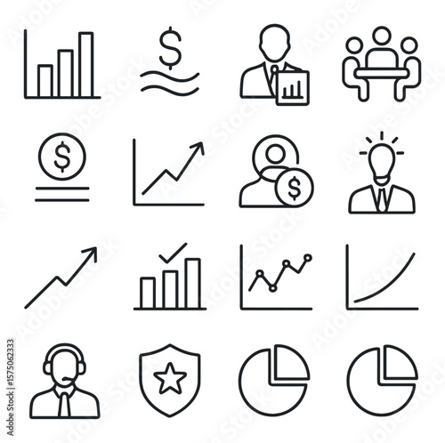 Corporate growth symbols line art icons. bar chart, revenue stream, executive report, board meeting, net income, company stock, shareholder icon, CEO vision, trend arrow, milestone