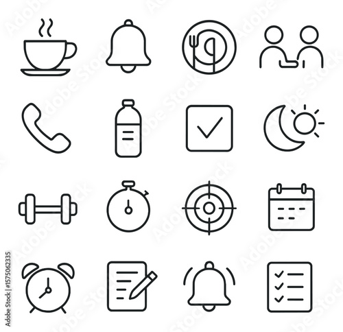 Daily planner visuals line art icons. coffee cup, morning bell, lunch plate, meeting icon, phone call, water intake, task checkbox, end-of-day icon, workout reminder, break timer,