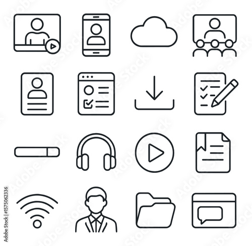 Online learning line art icons. video lecture, mobile learning, cloud icon, virtual classroom, login screen, online quiz, download content, digital notes, progress bar, headphones,
