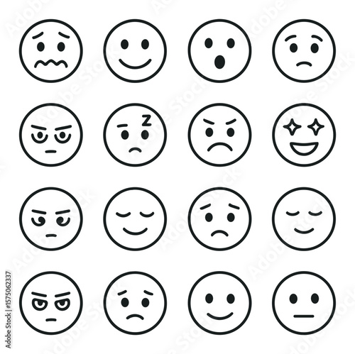 Emotion icons for reminders line art icons. anxious face, smiley face, surprised face, tired eyes, focused eyes, sleepy face, frustrated expression, excited eyes, bored face,
