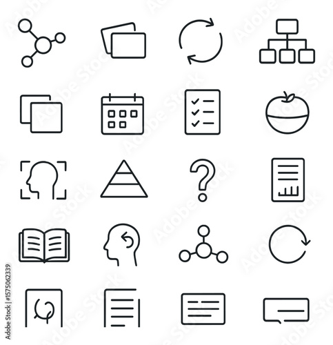 Study techniques line art icons. mind map, flashcards, spaced repetition, flowchart, sticky notes, daily planner, checklist, Pomodoro timer, focus icon, learning pyramid, question