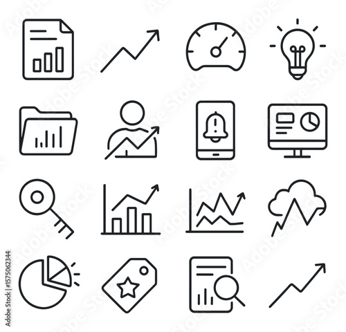 Business intelligence line art icons. report sheet, trend arrow, performance meter, insight bulb, data folder, analytics user, real-time alert, dashboard screen, key metric icon,
