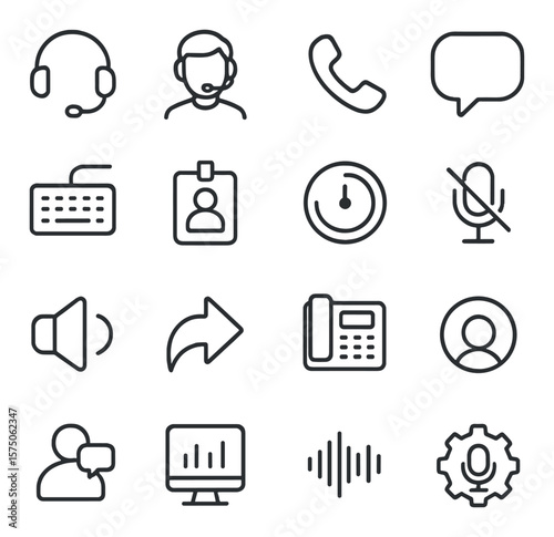 Call center tools line art icons. headset icon, customer mic, support phone, speech bubble, keyboard icon, user ID tag, call timer, mic mute, speaker icon, reply arrow, desk phone,