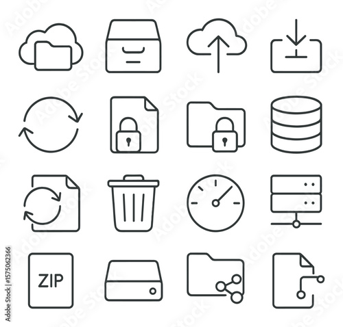 Digital storage containers line art icons. cloud folder, online archive, upload icon, download arrow, sync symbol, file locker, encrypted folder, database disk, document backup,