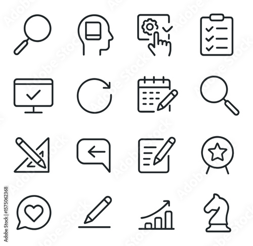 Learning steps line art icons. discover icon, learn icon, apply icon, evaluate icon, test icon, repeat icon, plan icon, research icon, design icon, share icon, write icon, review