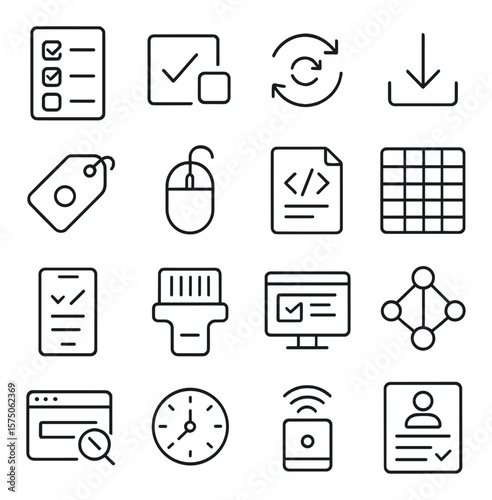 Data collection tools line art icons. survey form, checkbox field, data sync icon, import arrow, tracking tag, input device, log file, spreadsheet icon, mobile input, barcode