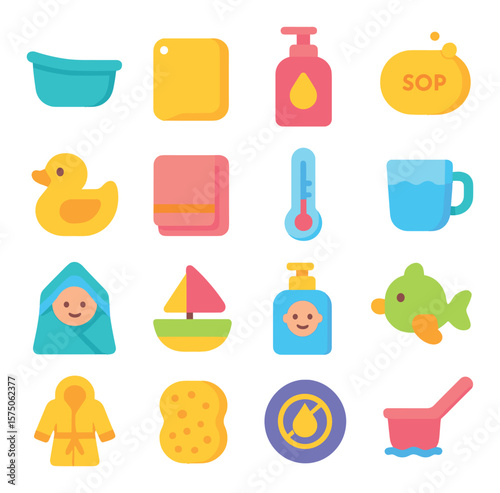 Bath Time modern flat .Baby bathtub, washcloth, shampoo bottle, baby soap, rubber duck, soft towel, bath thermometer, water cup, hooded towel, bath toy, baby lotion, faucet cover,