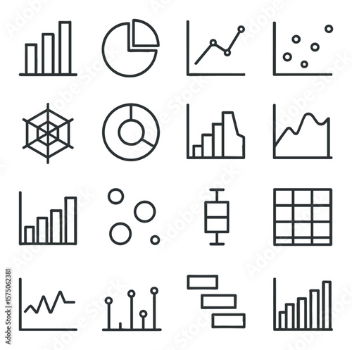 Data charts and graphs line art icons. bar chart, pie chart, line chart, scatter plot, radar chart, doughnut chart, histogram, area chart, waterfall chart, bubble chart, box plot,