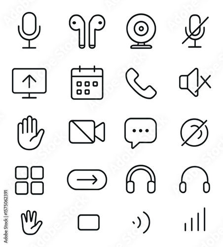 Online meeting setup line art icons. USB mic, wireless earbuds, webcam icon, mute button, screen share, calendar icon, call icon, speaker toggle, raise hand symbol, video on/off,