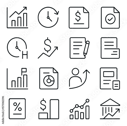 Freelancer income tracking line art icons. project chart, time-to-earn icon, invoice file, payment received, hours worked, net gain, proposal status, job approval, milestone graph,