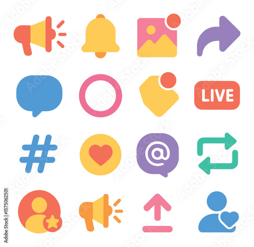 Social Media Alerts modern flat .Megaphone, notification bell, new post icon, share arrow, comment bubble, story highlight, tag alert, live icon, trending hashtag, reaction icon,