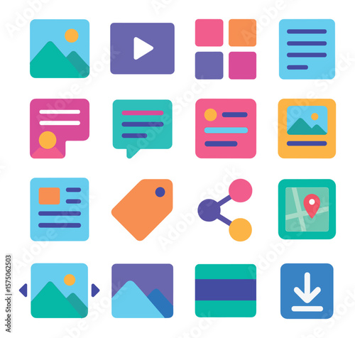 Web Design Content modern flat .Image placeholder, video embed, gallery grid, text block, testimonial icon, callout box, contact form, blog post icon, article preview, tag label,