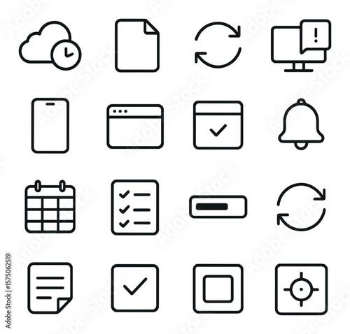Digital productivity line art icons. cloud reminder, file icon, sync symbol, desktop alert, smartphone, app window, task tab, bell icon, calendar widget, checklist app, timer bar,