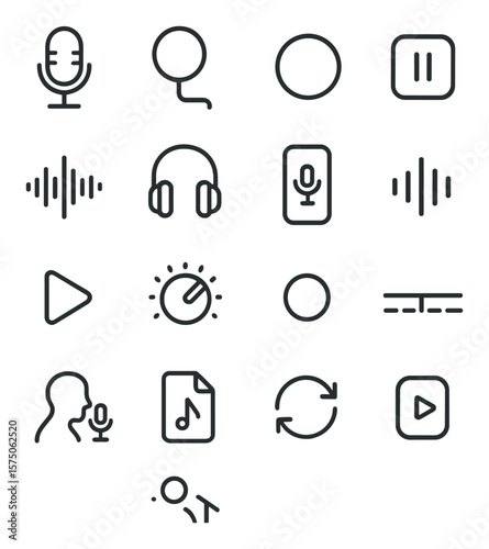Voice recording tools line art icons. microphone icon, pop shield, record button, pause icon, waveform, headphone icon, voice memo, audio level meter, playback button, mic gain