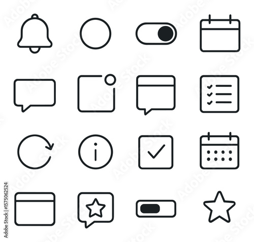 Interface reminders line art icons. bell icon, alert dot, toggle switch, calendar window, notification box, badge counter, popup note, to-do list icon, repeat symbol, info circle,