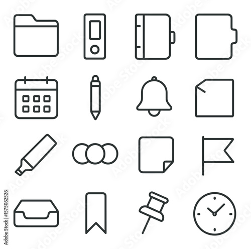 Personal organization line art icons. folder icon, binder, planner cover, divider tab, calendar layout, pencil, event reminder, paper stack, highlight pen, color labels, sticky