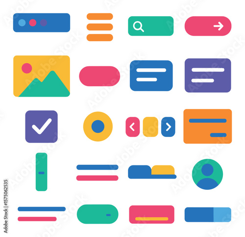 Website Interface Elements modern flat .Navigation bar, hamburger menu, search field, login button, hero image, call to action button, form input, dropdown menu, checkbox, radio