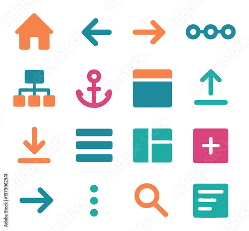 Website Navigation Features modern flat .Home icon, back button, forward arrow, breadcrumb trail, site map, anchor link, sticky header, jump to top icon, scroll down arrow, side