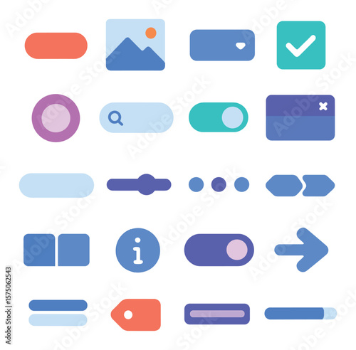 Web Design Elements modern flat .Button icons. icon placeholder, dropdown menu, checkbox, radio input, search field, toggle switch, modal popup, input field, slider control,