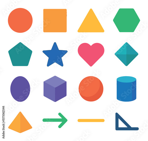 Shapes & Geometry modern flat .Circle, square, triangle, hexagon, pentagon, star, heart, diamond, oval, cube, sphere, cylinder, pyramid, arrow, line segment, angle icon.
