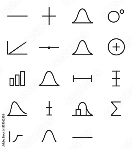 Statistical symbols line art icons. mean icon, median marker, standard deviation curve, correlation symbol, regression line, outlier dot, probability bell, variance icon, histogram
