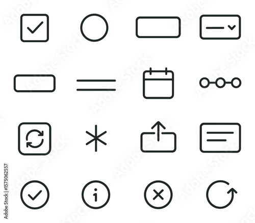 Online form elements line art icons. checkbox, radio button, text field, dropdown menu, submit button, form label, date picker, progress stepper, captcha icon, required asterisk,
