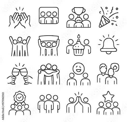 Team celebration line art icons. high five, group photo, team trophy, confetti popper, cheer pose, team banner, office cupcake, celebration bell, shared toast, group hug, emoji