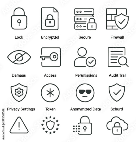 Data security & privacy line art icons. lock icon, encrypted file, secure server, firewall shield, data mask, access control, user permission, audit trail, privacy settings, token