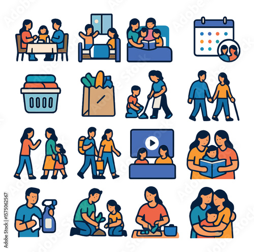 Family Daily Life modern flat .Family dinner table, morning routine, bedtime story, shared calendar, laundry basket, grocery bag, home chores, family walk, school drop-off, weekend
