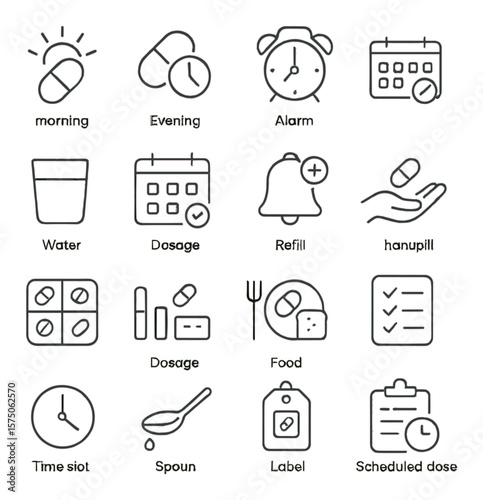 Daily medication routine line art icons. morning pill, evening tablet, alarm clock, weekly pill box, water glass, medication calendar, refill reminder, hand with pill, pill