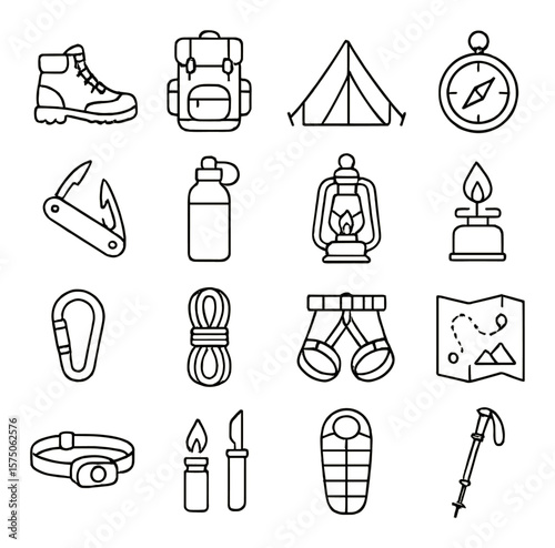 Outdoor adventure gear line art icons. hiking boots, backpack, tent, compass, multitool, water bottle, lantern, camp stove, carabiner, rope bundle, climbing harness, trail map,