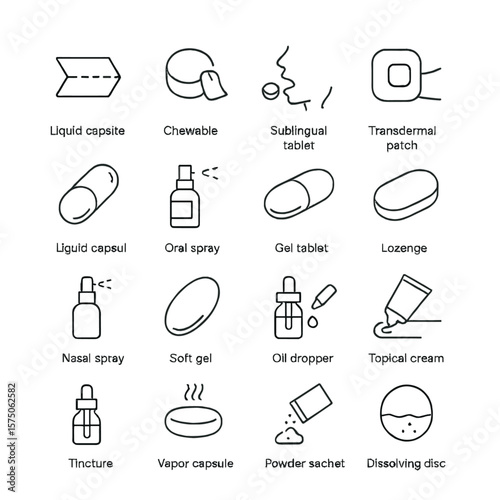 Alternative medicine formats line art icons. dissolvable strip, chewable tablet, sublingual pill, transdermal patch, liquid capsule, oral spray, gel tablet, lozenge icon, nasal