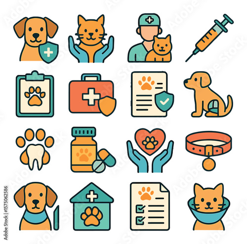 Pet Insurance modern flat .Dog with shield, cat care, vet visit, vaccination icon, pet health record, emergency pet care, pet policy document, injury protection, dental for pets,
