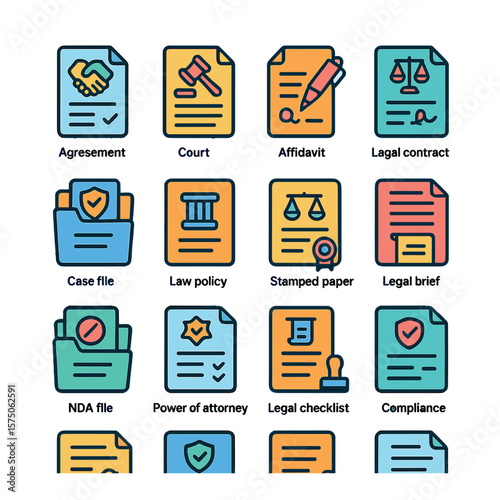Legal Documents modern flat .Agreement form, court document, affidavit, legal contract, case file, law policy, stamped paper, legal brief, NDA file, power of attorney, legal