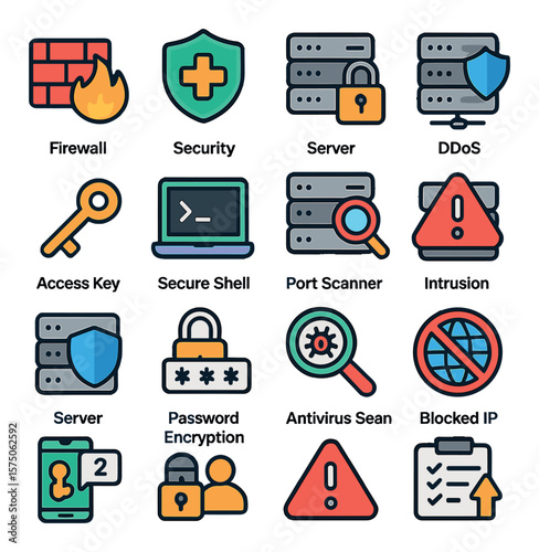 Server Security modern flat .Firewall icon, security patch, server lock, DDoS protection, access key, secure shell, port scanner, intrusion alert, server shield, password