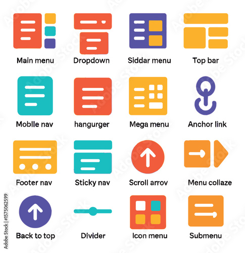 Navigation Design modern flat .Main menu, dropdown nav, sidebar menu, top bar, mobile nav toggle, hamburger icon, mega menu, anchor link, footer nav, sticky nav, scrollspy icon,