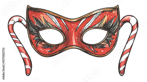 Festive Party Mask with Candy Cane Isolated Vector Illustration