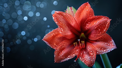 Natural beauty with morning dew on vibrant red flower